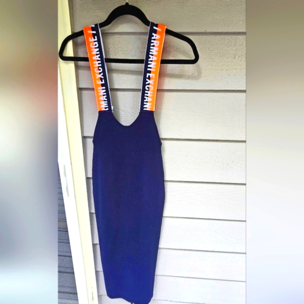 A | X ARMANI EXCHANGE NAVY BLUE STRETCHY DRESS WITH ORANGE NEON STRAPS LOGO NWOT - Picture 2 of 16